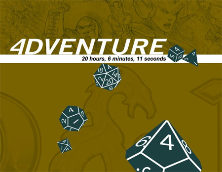 The text "4DVENTURE" and several polyhedral dice (all set to 4).