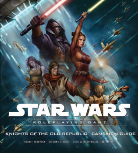 The heroes and villains of the KOTOR era stand against a blue-white background.