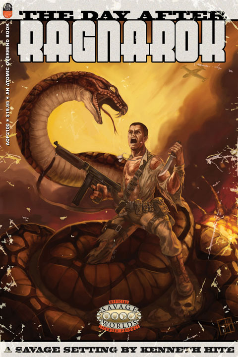A soldier -- gun in one hand, knife in the other -- battles a giant snake.