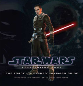 Starkiller stands against a black background, red lightsaber held hilt-first, the blade extending behind him.