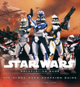 A squad of clone troopers stand ready for battle. A faded orange and red background depicts a battlefield.