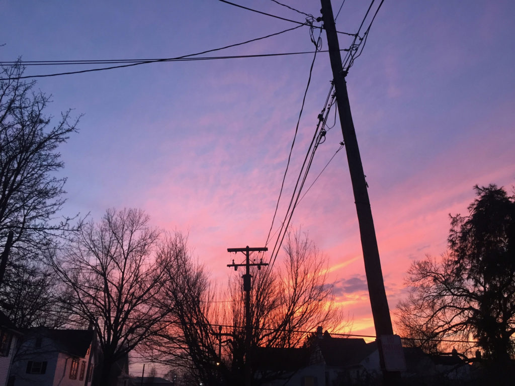 A brilliant pink, orange, and yellow sunset fades to blue. Power lines and trees are backlit by the sunset.