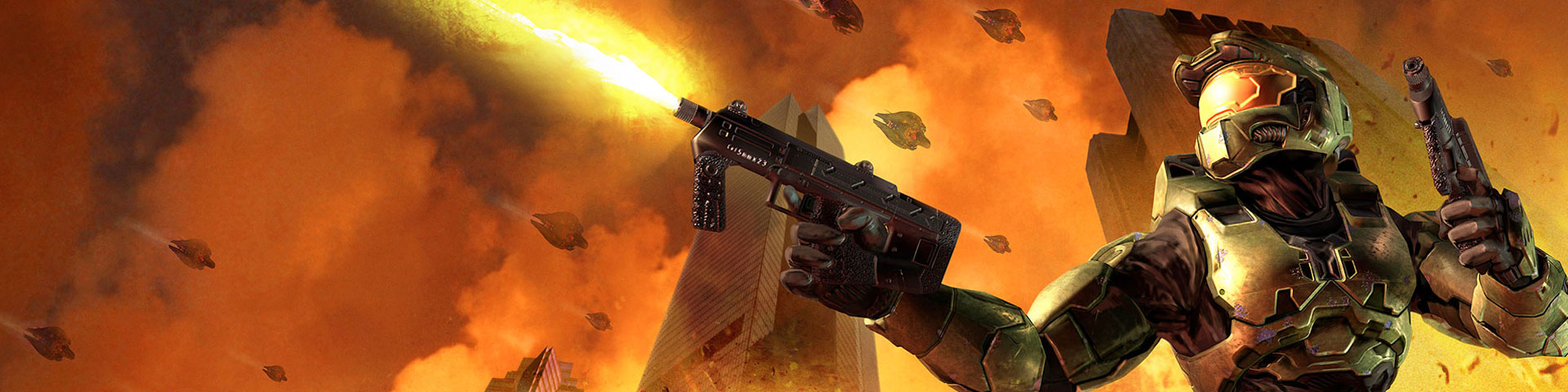 Master Chief holds two submachine guns as the world explodes in a orange-yellow haze around him.