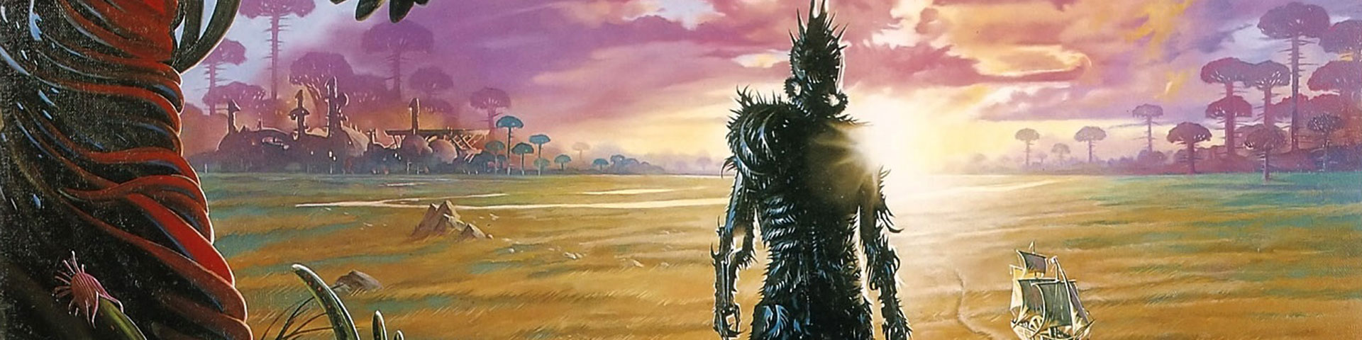 An armored humanoid, covered in sharp spikes, overlooks a vast golden field.