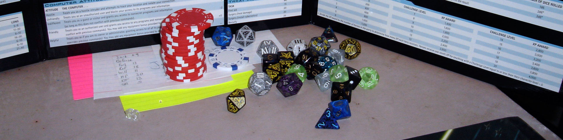A stack of red poker chips and a pool of dice appear against the background of a Star Wars GM screen.