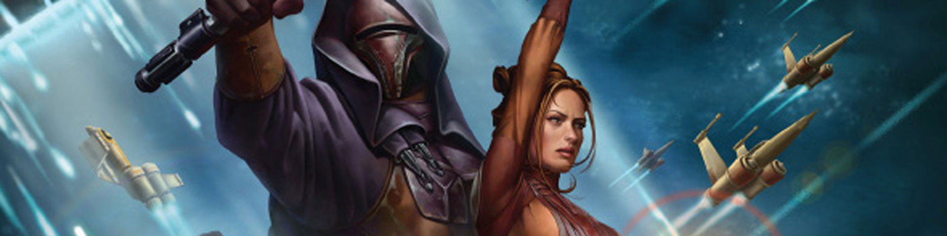 An armored Sith lord and a woman in brown clothing hold lightsabers aloft.