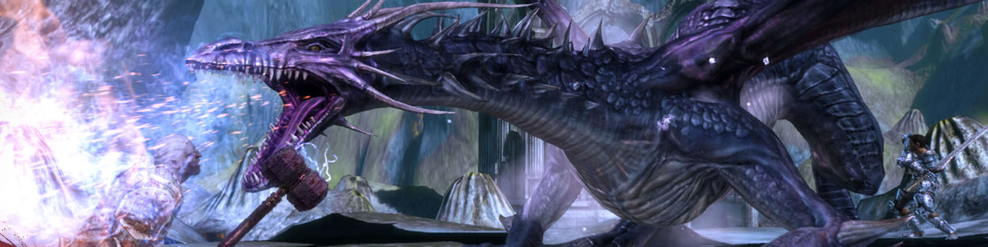 A purple-tinged dragon unleashes its breath weapon on a warrior.