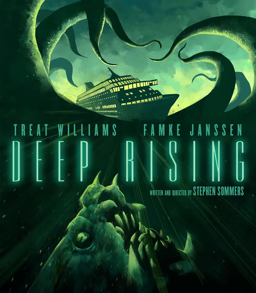 Stylized tentacles threaten a cruise ship in the 20th anniversary cover art for Deep Rising
