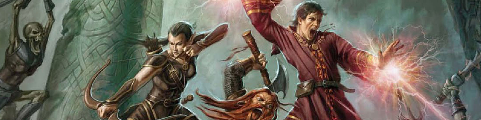 An elven archer, dwarven warrior, and human mage fight off dark spawn.