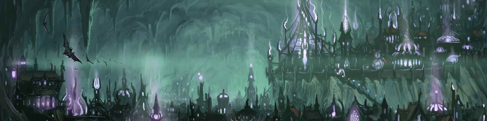 A massive underground city -- its towers illuminated purple -- fills a blue-green cavern.