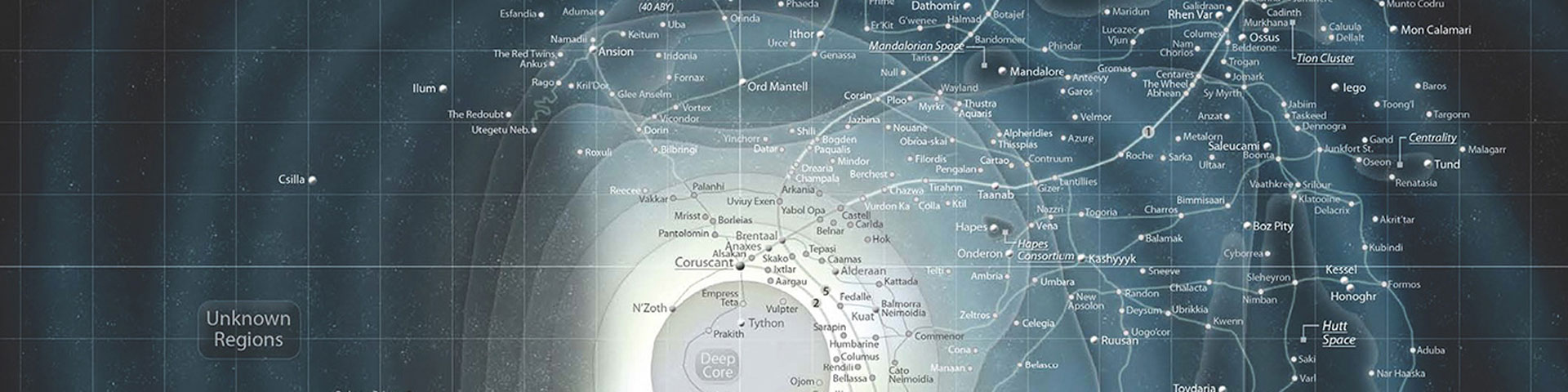 A blue-white map of the Star Wars galaxy depicting star systems and trade routes.