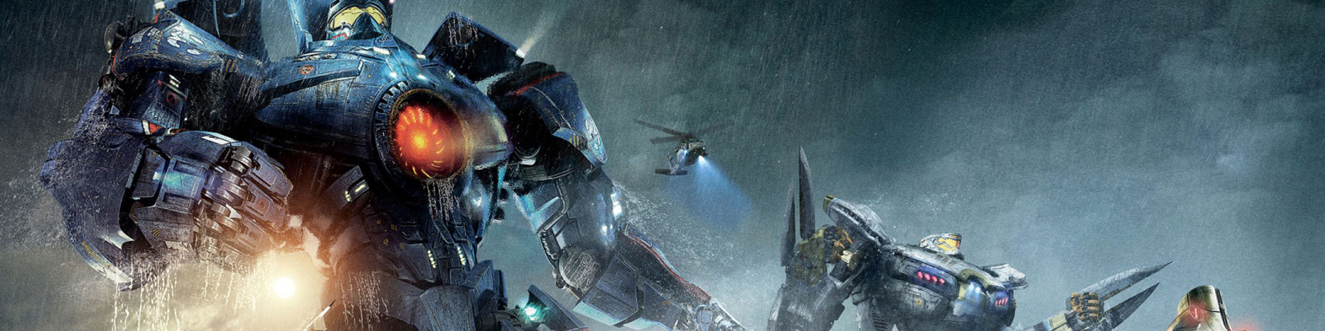 Three giant robots stand in a rain storm, ready to fight anything.