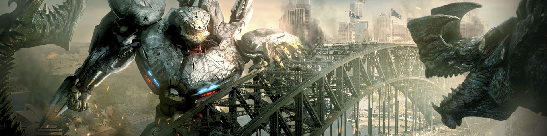 A bridge stands between a giant robot and his giant monster opponent.