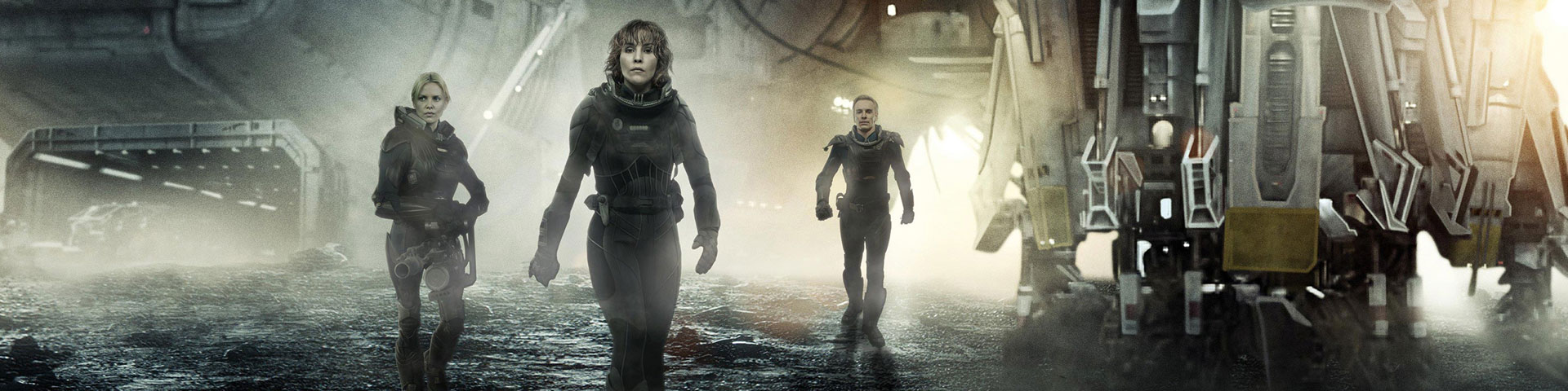 Three space-suited individuals walk out of a starship that has landed on an alien planet.