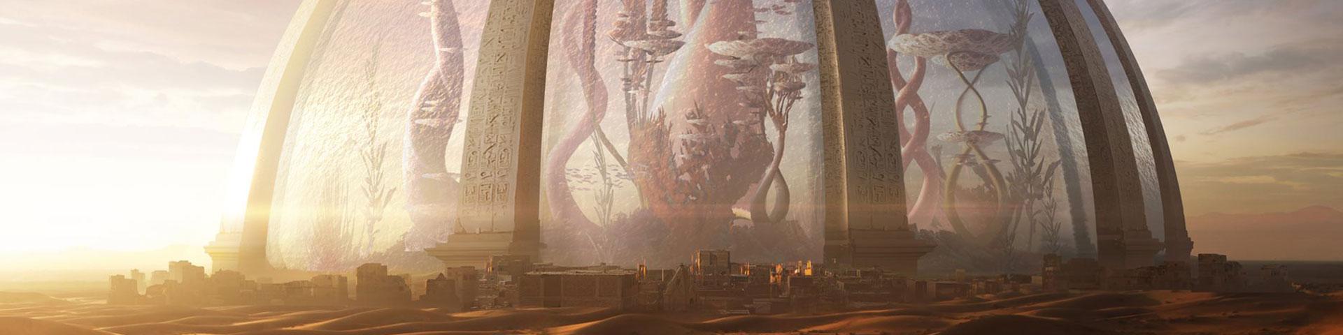 A sealed dome with strange alien structures inside it towers over a nearby town.