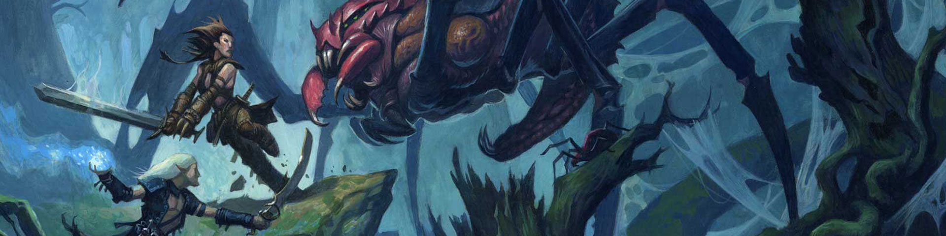 Two adventurers battle a giant spider in an underground cave.