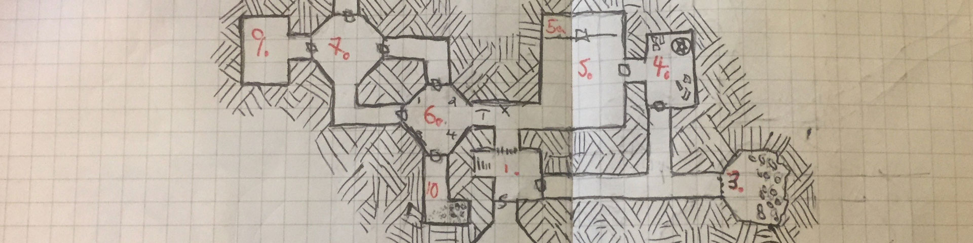 A small conventional graph paper dungeon featuring blocks, hexagons, and connecting passages.
