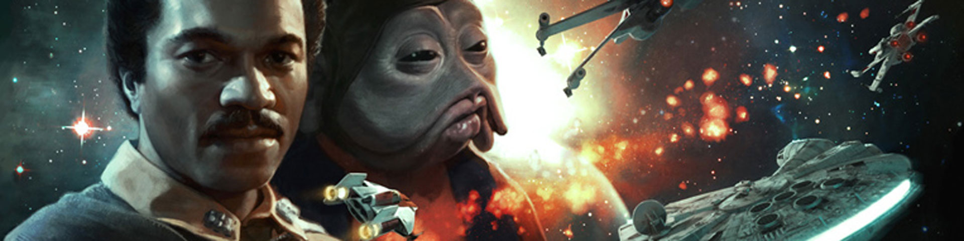 Lando Calrissian and his alien co-pilot Nien Nunb are profiled in the left side of this image. To the right the Millennium Falcon and a flight of starfighters soar past.