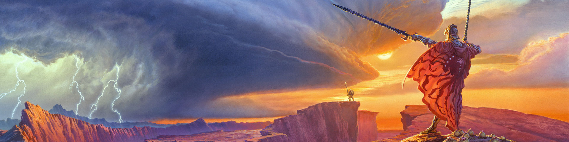 Two warriors face off on a vast plateau. In the background there is a vast skyscape, the left side filled with a storm cloud, the right with a sunset.