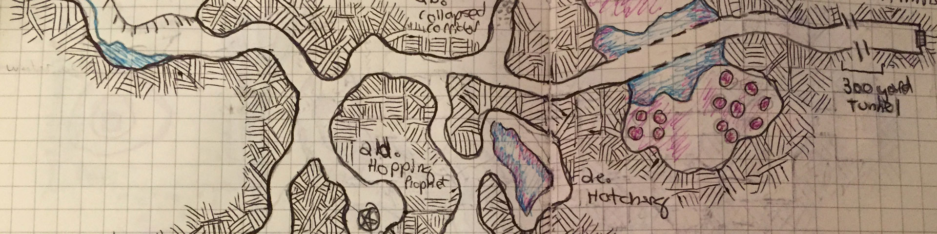 A hand-drawn map depicting a series of interconnected caverns.