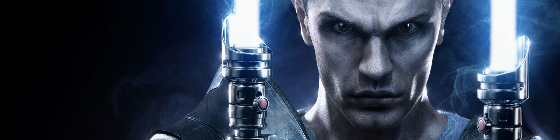 A close-up view of Starkiller, with two blue-white lightsabers held up to either side of his face.