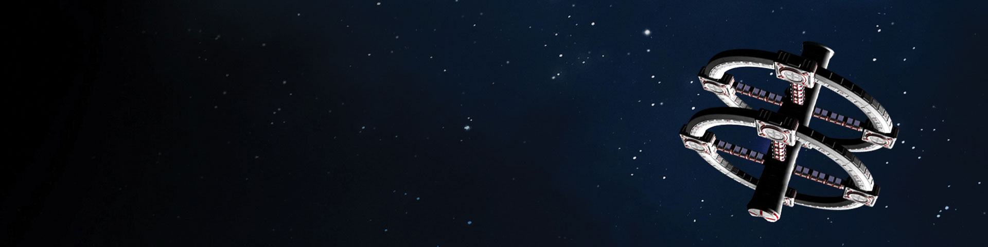A double-rimmed starship flies against a deep-blue black star field.