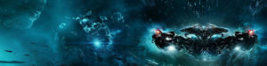 A starship looms against a star-filled background
