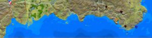A photo-realistic fantasy map. The top of the map is dominated by a landmass; the bottom is blue ocean.