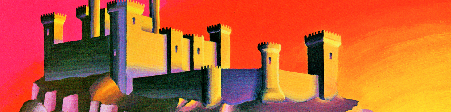 A keep, with high walls and towers, stands against a vibrant red, yellow, and orange background.