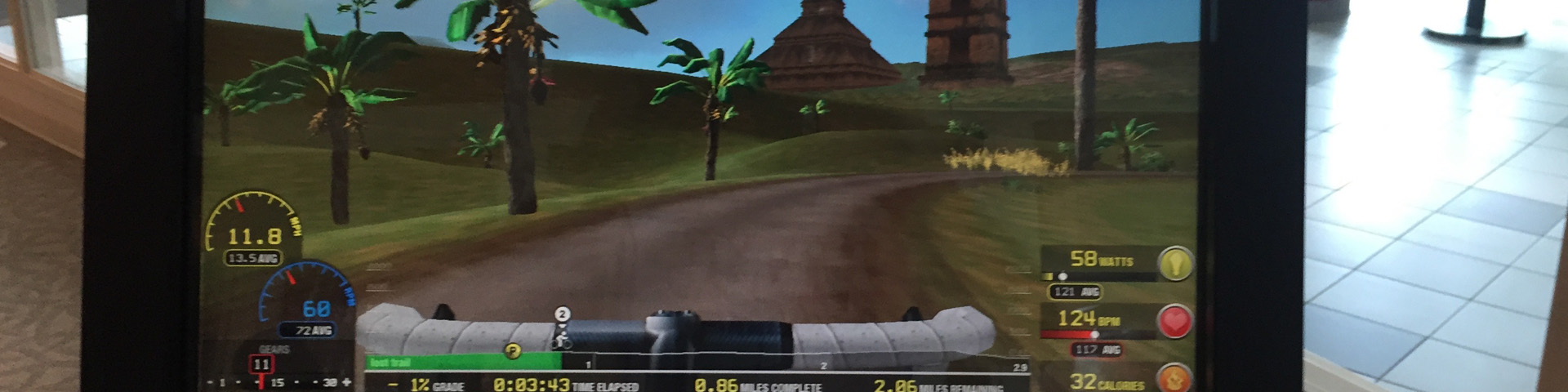 A screenshot of my virtual bike ride through tropical ruins.