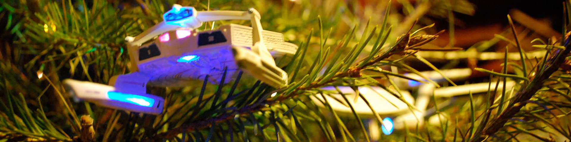A close up shot of a starship ornament in an evergreen tree. Another starship, blurry in appearance, is in the background.