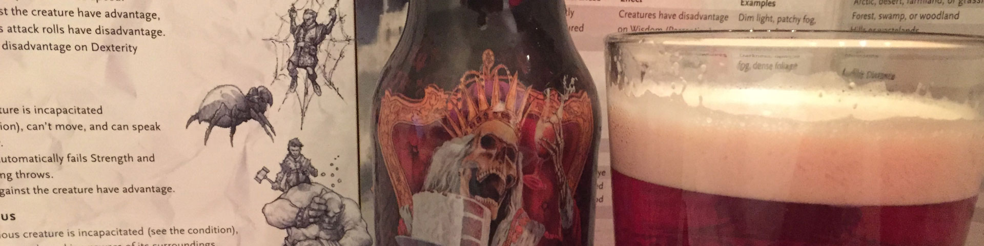 A close-up of a beer with an undead king sitting on a throne, with a glass of reddish beer near by in a pint glass.