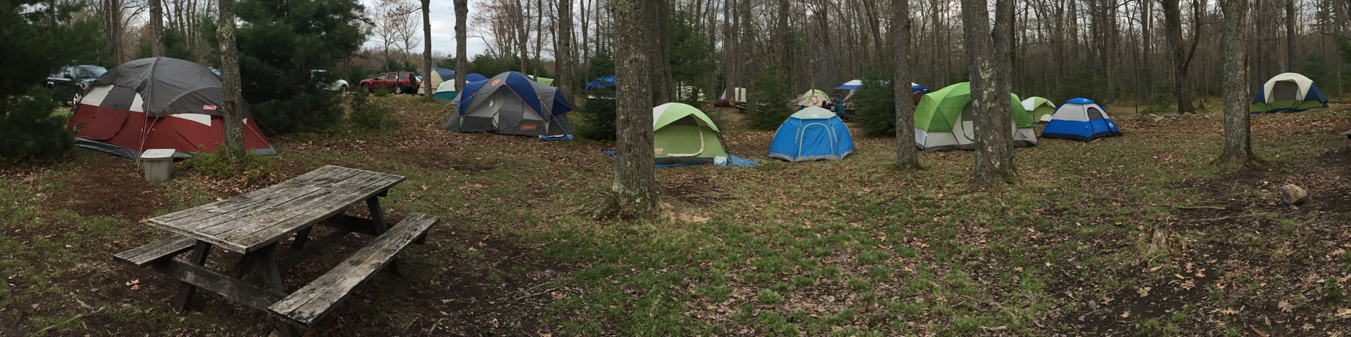 Several tents dot a campsite in early spring. A picnic table can be seen in the foreground.