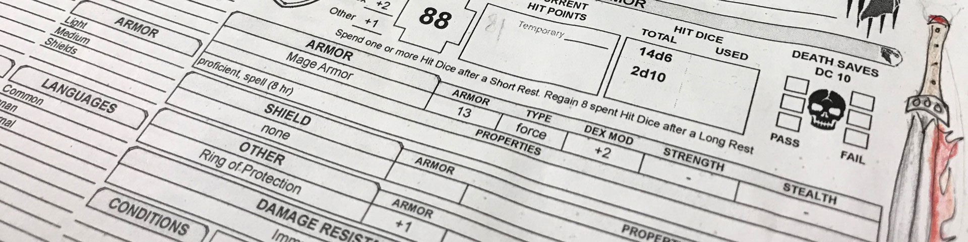 A close-up of a Dungeons & Dragons character sheet. A doodle of a sword, wreathed in flame, appears to the right.