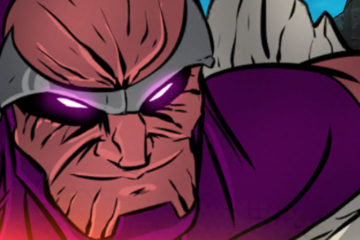 A screenshot from Sentinels, featuring a villain with glowing pink eyes grinning menacingly at the viewer.