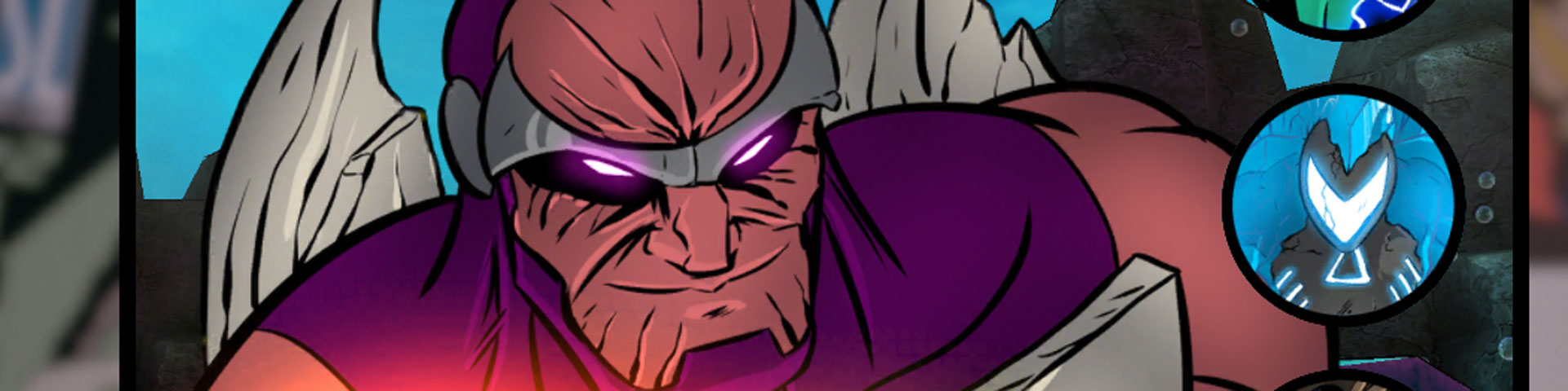 A screenshot from Sentinels, featuring a villain with glowing pink eyes grinning menacingly at the viewer.