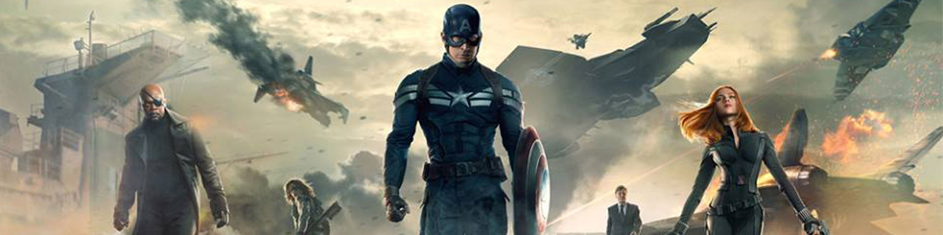 Captain America, in a dark blue uniform, is in the center of the photo while Nick Fury appears to the left and Black Widow to the right.