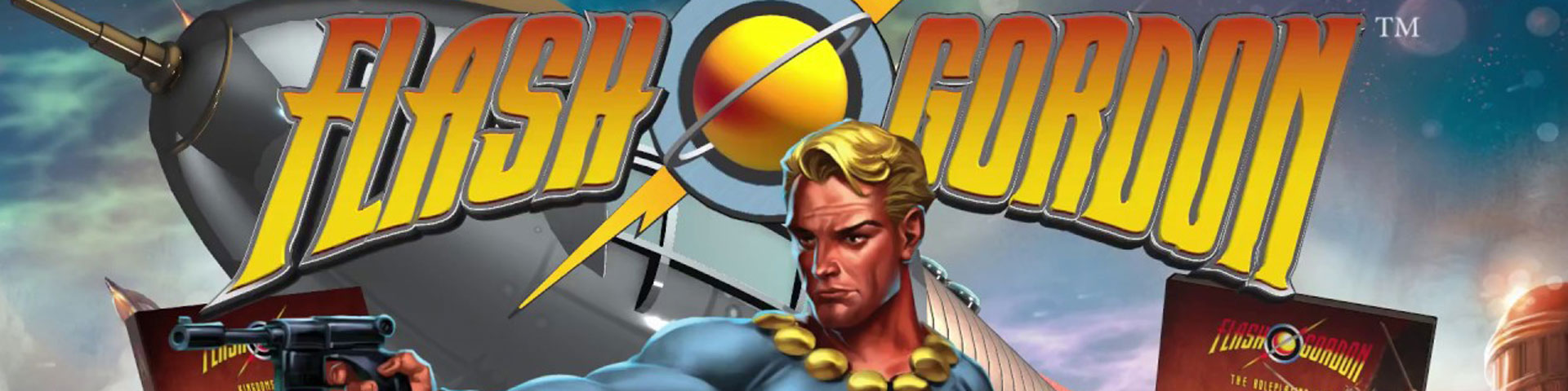 Pulp serial hero Flash Gordon stands ready for battle; the logo bearing his name appears behind him.