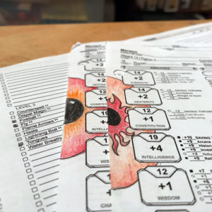 Two red-orange eyeballs peer out from a D&D character sheet.