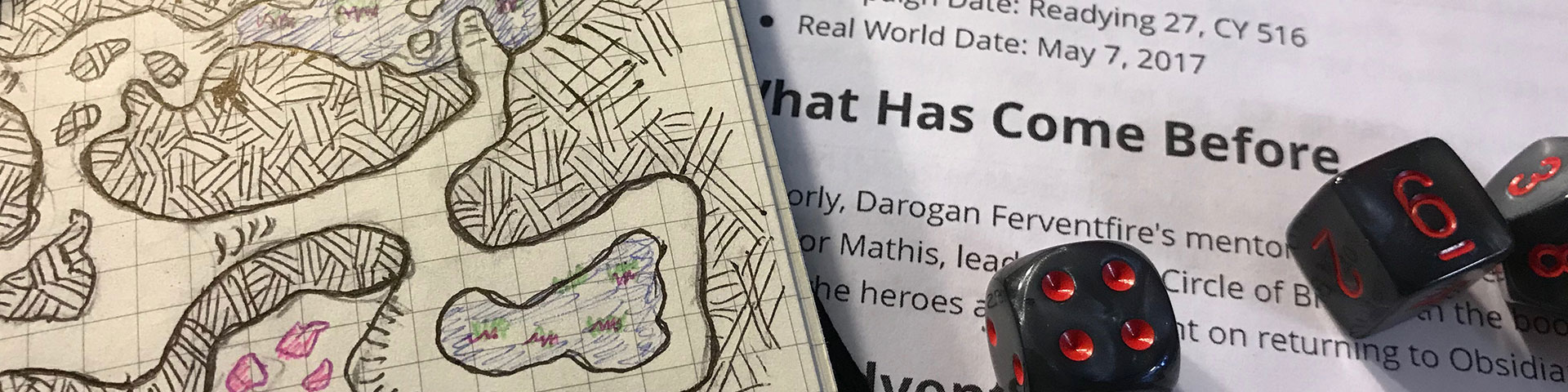 A hand-drawn dungeon map and gray dice with red pipes cover typed game notes.