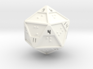 A white twenty-sided die with small black numbers and Braille faces