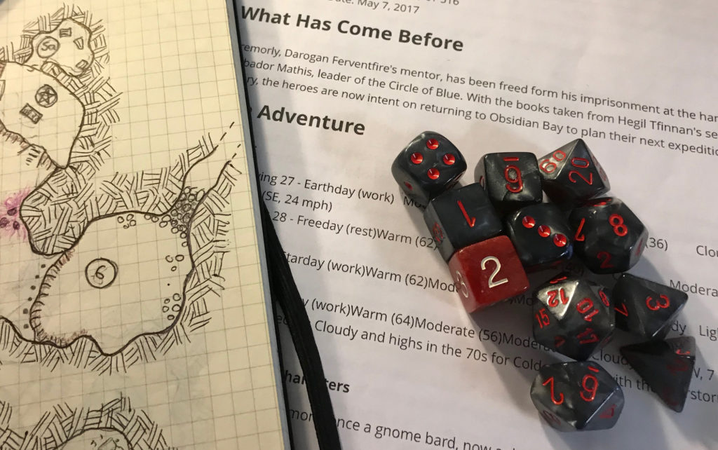 Black/gray dice with red lettering -- and a single red six sided die with white lettering -- lay onto of printed gaming notes. A map appears to the left. 