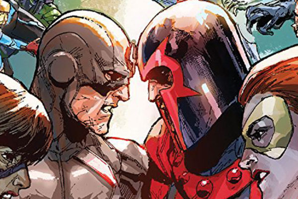 Two teams of costumed superheroes confront each other, Inhumans on the left, X-men on the right.