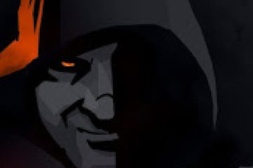 A rogue, left-side illuminated by red light, the right in shadows, stares out from the image.