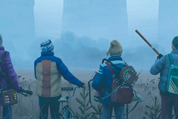Four kids with bikes look at the looming shapes of cooling towers peaking through the mists.