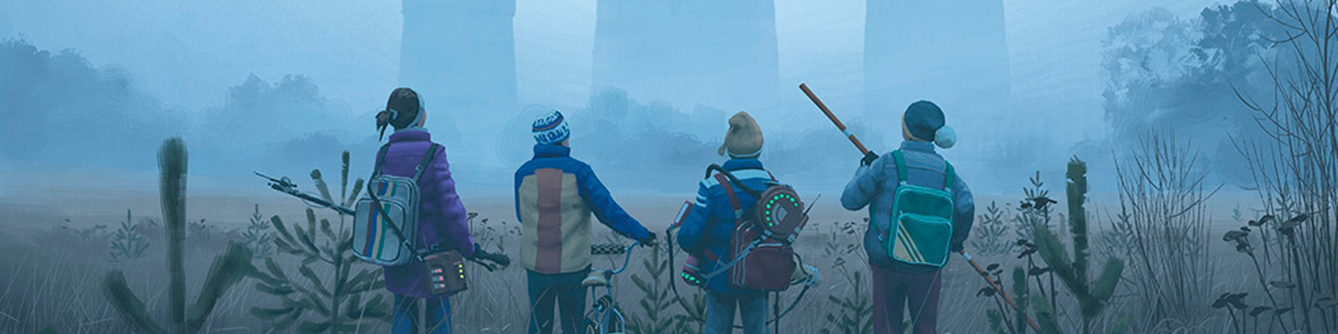 Four kids with bikes look at the looming shapes of cooling towers peaking through the mists.