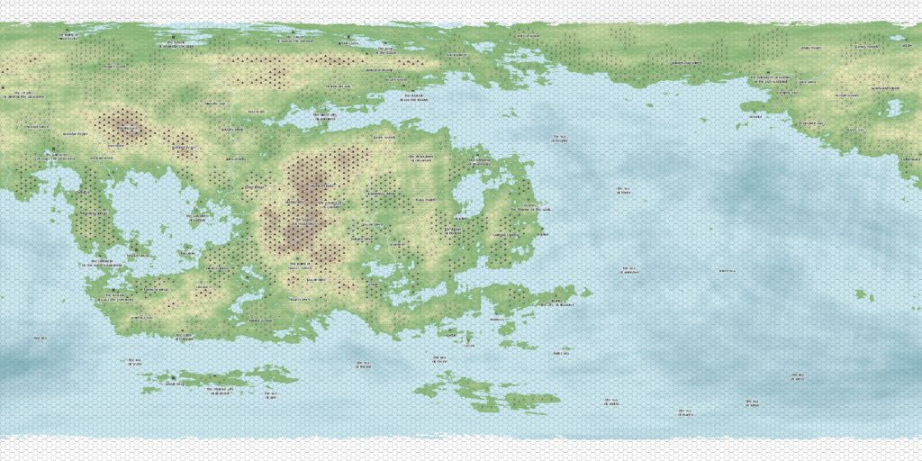 A rectangular map of a fantasy world. The land and oceans are divided up into hexes, some of which are labeled with location information.