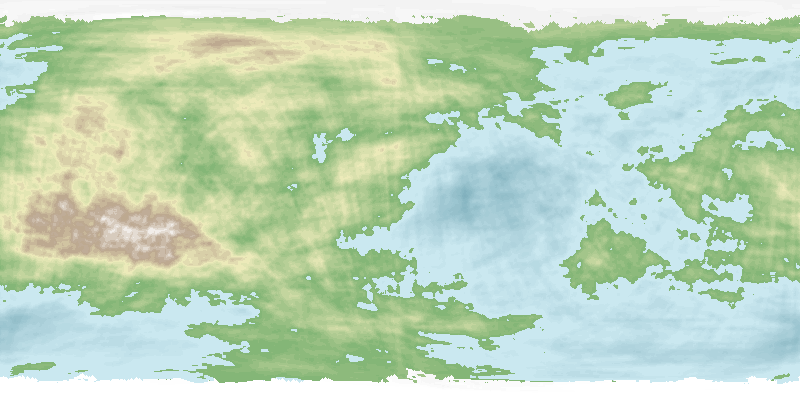 Land masses are light yellow and green; water is light blue and blue. It has a somewhat pixelated appearance. Created using a random planet generator.