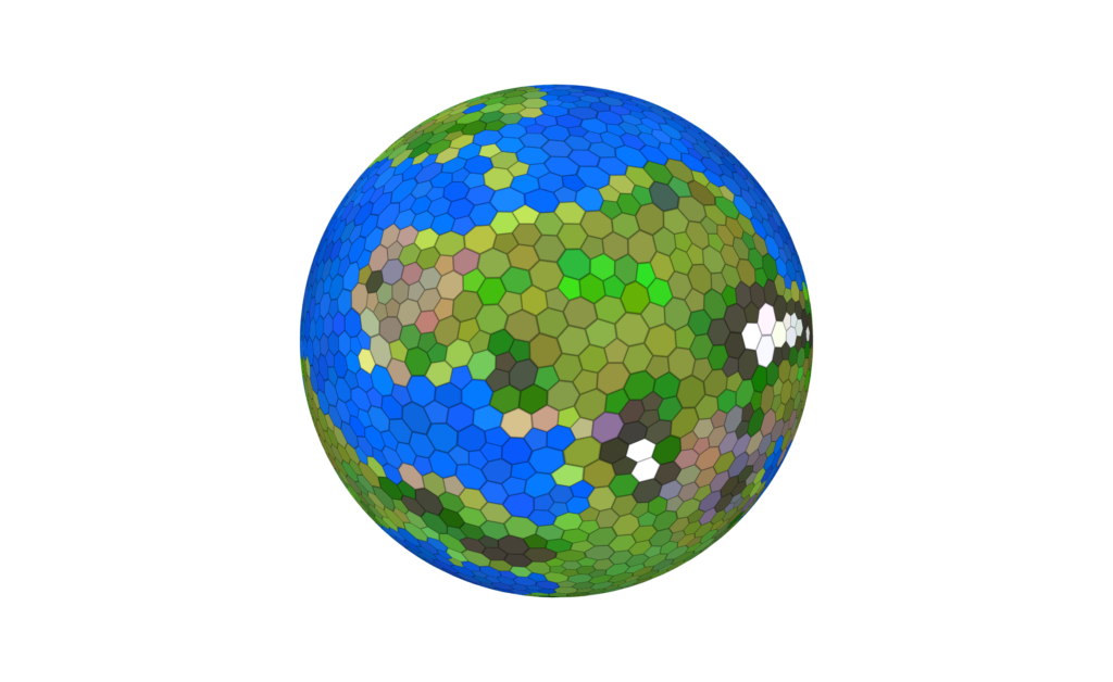A hex-based world. Green and brown hexes are land; blue hexes are water. Created using a random planet generator.