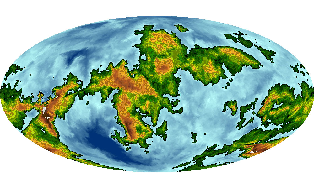 An oval shaped map of a planet. Land masses are green, orange, and red, oceans are light to dark blue.